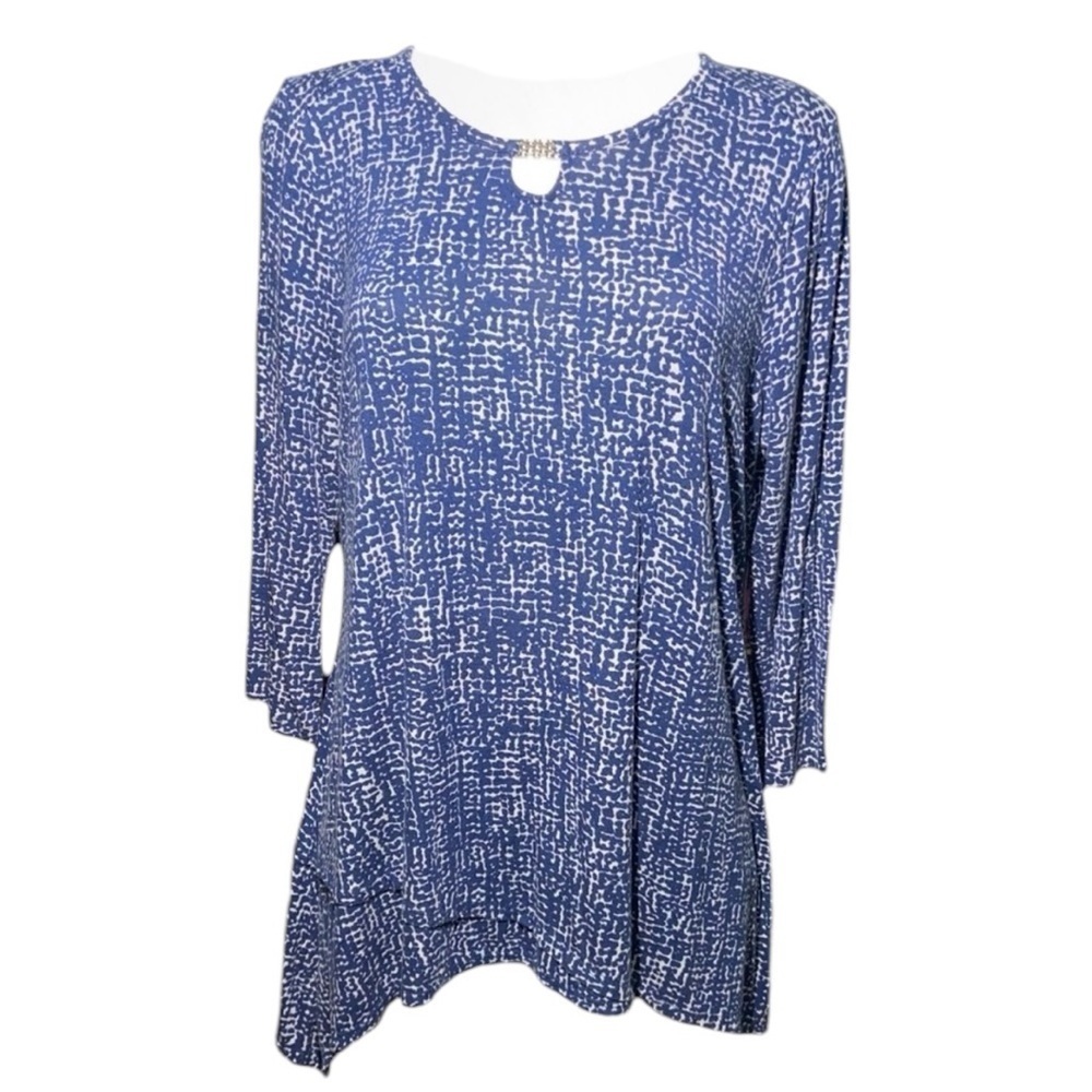 Rafaela Women’s Lg Blue/White Print Shirt 3/4 Slv Tunic W/ Cutout And Metal